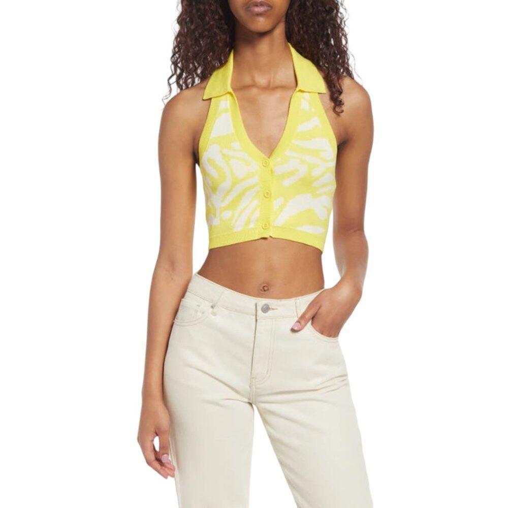 Noisy May Knit Halter Neck Top In Yellow Animal Print Size Small NWOT